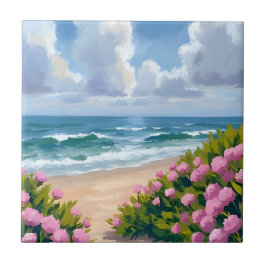 Strand in Blüte | Rosa Hortensie Ozeanblick Küste Fliese