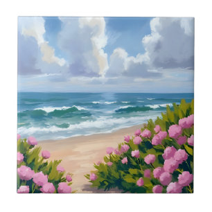 Strand in Blüte   Rosa Hortensie Ozeanblick Küste Fliese