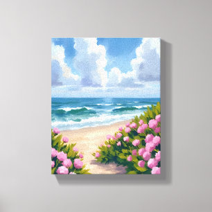 Strand in Blüte   Rosa Hortensien am Ozean Küste Leinwanddruck