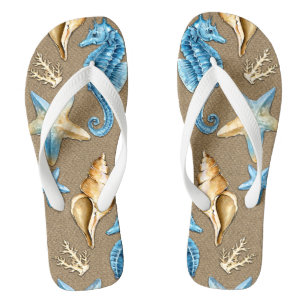 Strand Jute Seemuschel Marine Seestern + Seepferdc Flip Flops