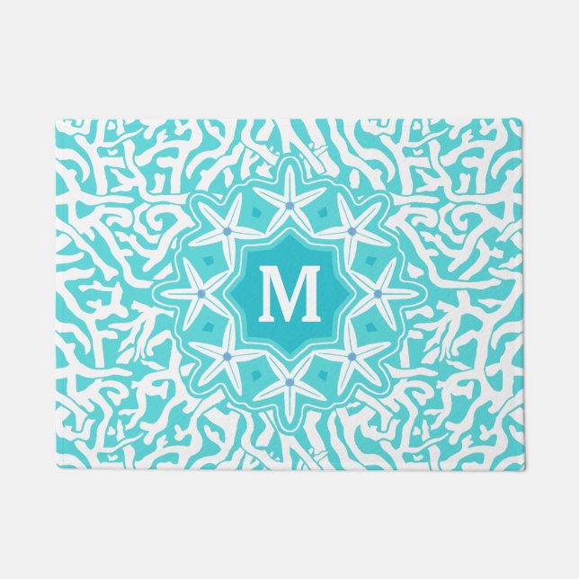 Strand-Korallenriffstarfish-Monogramm im Aqua-Blau Fußmatte (Vorderseite)