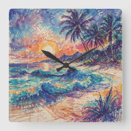 Strand Kritzeleien - Linienkunst-Stil Landschaft Quadratische Wanduhr