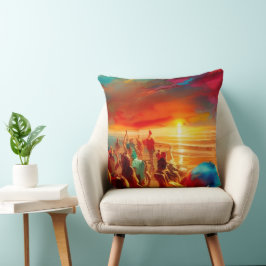 Strand Menschenmenge gold rot blau aquamarin abstr Kissen