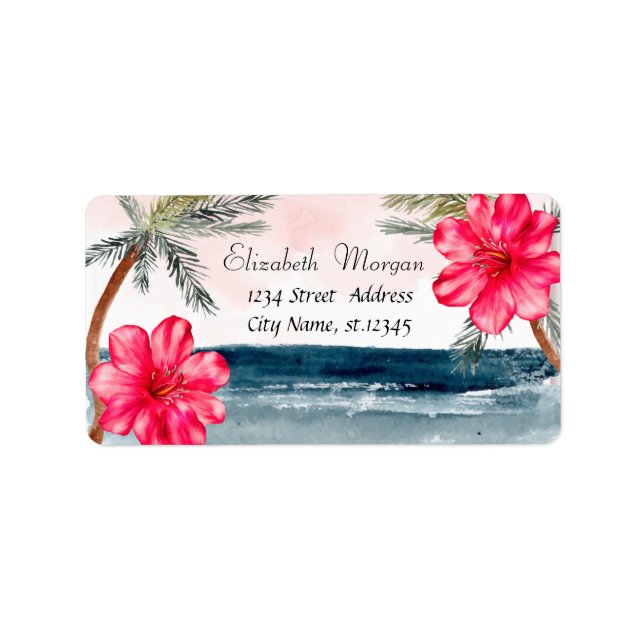 Strand mit Aquarellfarben, Palmen, Hibiskus Adressaufkleber (Vorne)