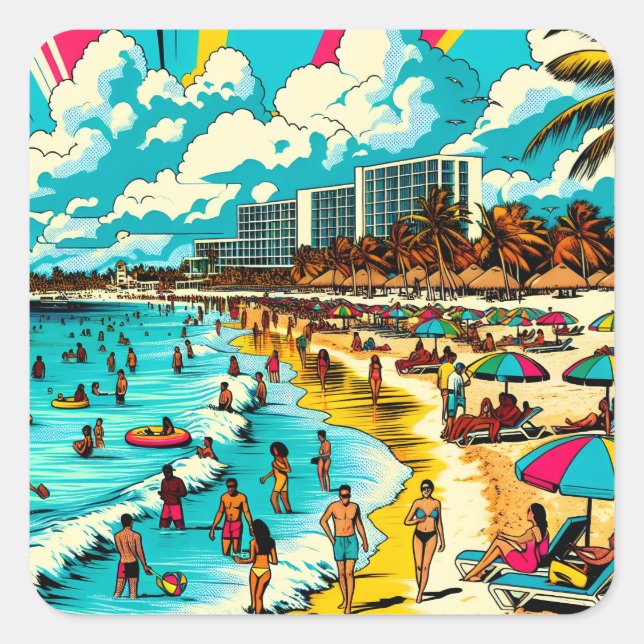 Strand mit Comic Book Pop Art Vibe Quadratischer Aufkleber (Vorderseite)