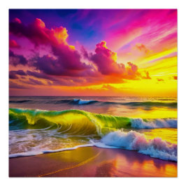 Strand mit Gelb und Rosa Ozeanwellen Lebhaft Poster