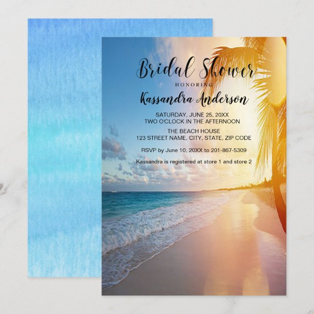 Strand mit Palmen Sonnenuntergang Brautparty Einladung (Vorne/Hinten)