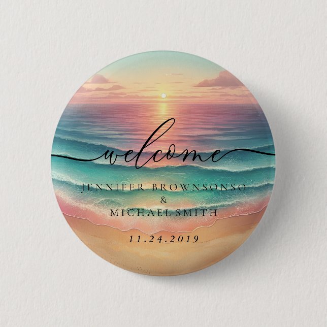 Strand mit rosa Ozean Signature Boho Willkommen So Button (Vorderseite)