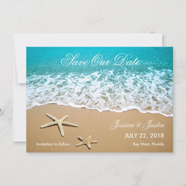 Strand mit Starfish Save the Date Karte (Vorderseite)