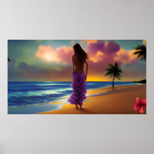 Strand Mondlicht Spaziergang Frau blaues Meer lila Poster