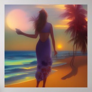 Strand Mondlicht Spaziergang Frau Ozean Palmen  Poster