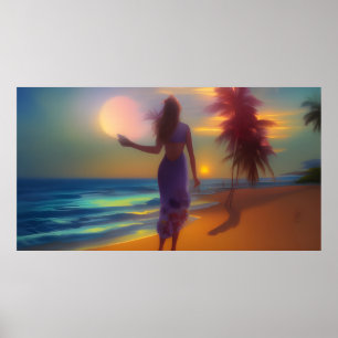 Strand Mondlicht Spaziergang Frau Ozean Sand Palme Poster