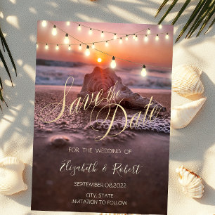 Strand-Muschel beim Sonnenuntergang, Licht Termin Save The Date