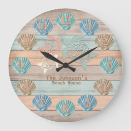 Strand Nautical Wood mit Schildkröten & Muscheln  Große Wanduhr
