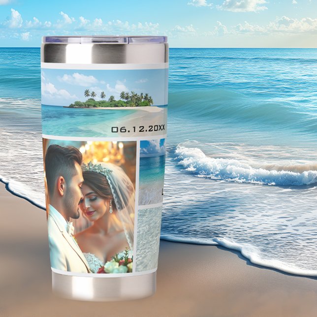 Strand- oder Hochzeit in Urlaubsort-FotoCollage Thermobecher (Thermal tumbler featuring your photos to create a delightful keepsake of a beach/destination wedding)