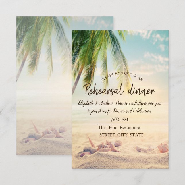 Strand, Palm, Seastar, Seashell Probe Dinner Einladung (Vorne/Hinten)