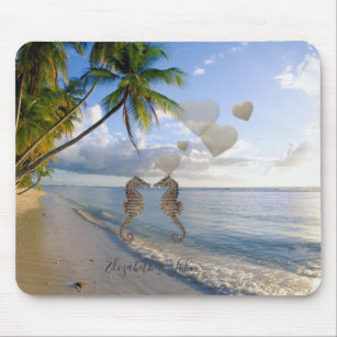 Strand, Palm, Seepferde in Liebe - Personalisiert Mousepad
