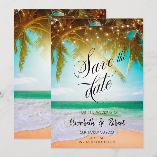 Strand, Palm, Sun, String Lights Script Save the D Date (Vorne/Hinten)