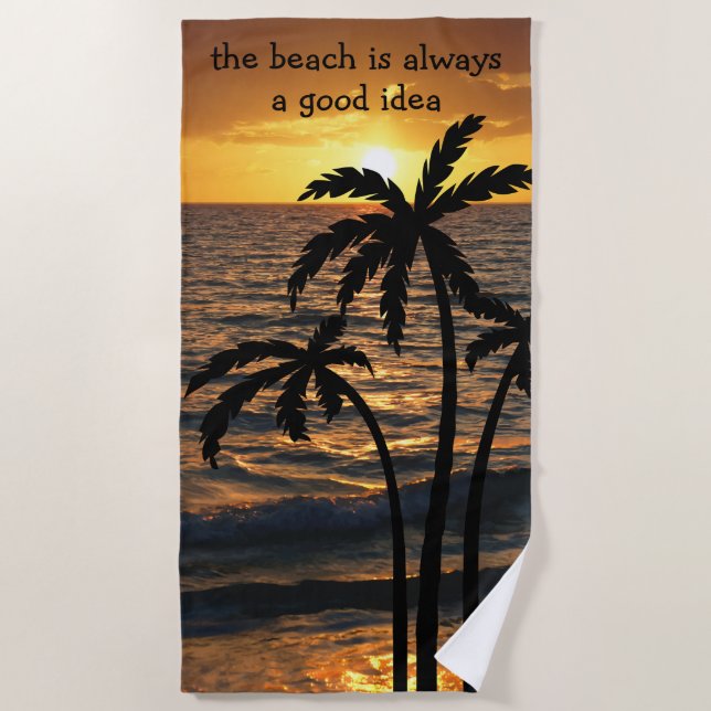 Strand-Palme-Sonnenuntergang-Silhouette Strandtuch (Vorderseite)