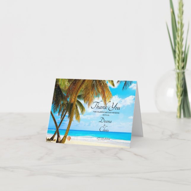 Strand, Palmen, Hochzeiten im Ozean Dankeskarte (Vorderseite)