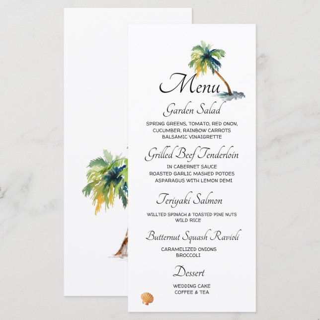 Strand, Palmen, Hochzeiten im Ozean Menükarte (Vorne/Hinten)