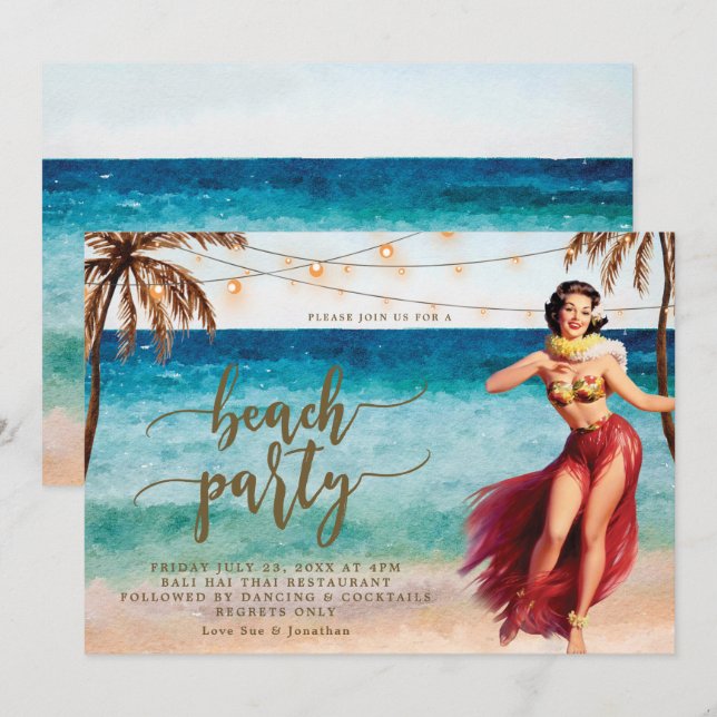 Strand-Party Einladungs-Palmen hula Einladung (Vorne/Hinten)