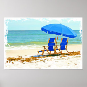 Strand, Regenschirm und Stühle am Strand Poster