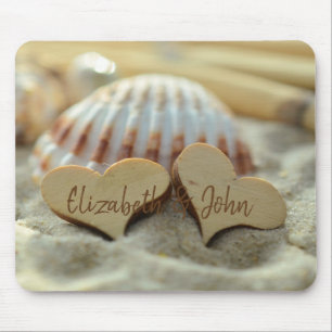 Strand,Sand,Meeresmuschel,Holzherzen - Personalisi Mousepad