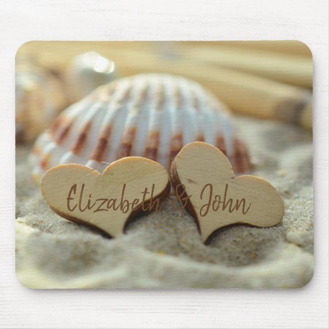Strand, Sand, Seashell, Holzherzen - Personalisier Mousepad (Vorne)