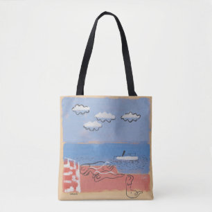 Strand, Sand und blauer Himmel Moderner KunstSomme Tasche