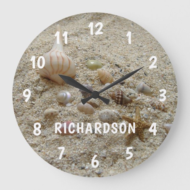 Strand Sand und Seashells Personalisiert Große Wanduhr (Vorderseite)