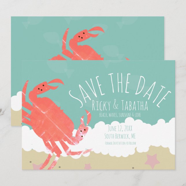 Strand Save the Date Crab Sand Ocean Waves Einladung (Vorne/Hinten)