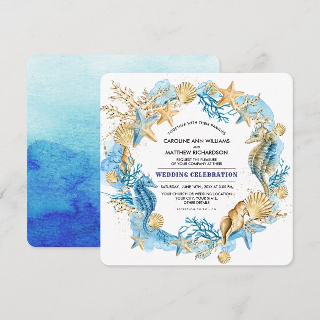 Strand | Seaside Seashells Watercolor Wedding Einladung (Vorne/Hinten)