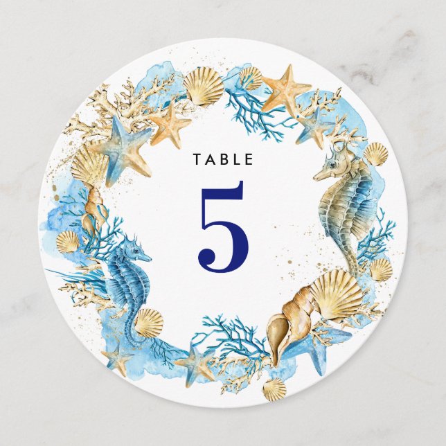 Strand | Seaside Seashells Wedding Tischnummern (Vorderseite)
