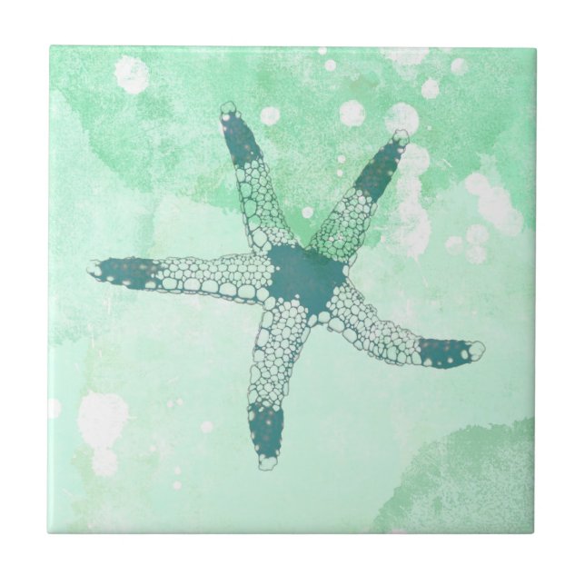 Strand-Seestern Blaue Wasserfarbe Fliese (Vorderseite)