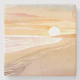 Strand Sonnenuntergang Aquarell | Schönes Gelb  Steinuntersetzer