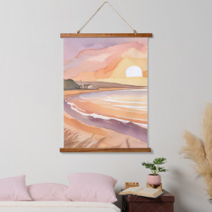 Strand Sonnenuntergang Aquarell   Schönes Ozean Ge Wandteppich Mit Holzrahmen