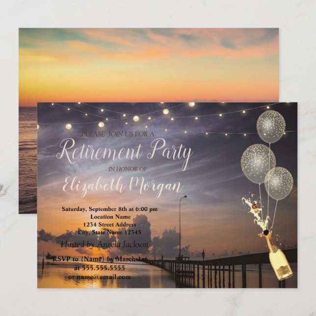 Strand, Sonnenuntergang, Balloons, Party für die W Einladung (Vorne/Hinten)