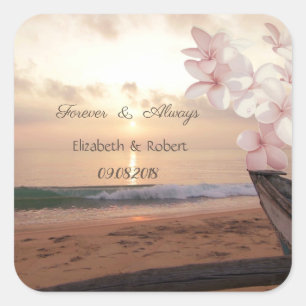 Strand Sonnenuntergang Hochzeit, Plumeria Quadratischer Aufkleber