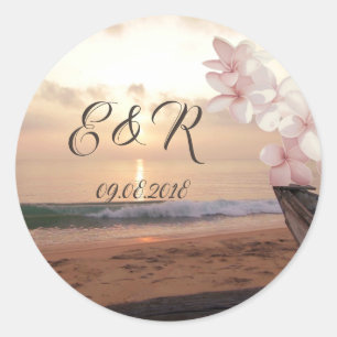 Strand Sonnenuntergang Hochzeit Plumeria Runder Aufkleber