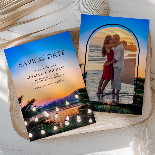 Strand Sonnenuntergang Lichterkette Foto Hochzeit Save The Date (Von Creator hochgeladen)