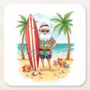Strand-Surf-Weihnachtsfeier mit dem Weihnachtsmann Rechteckiger Pappuntersetzer