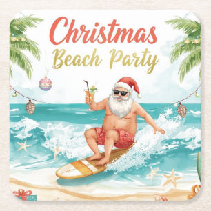 Strand-Surf-Weihnachtsfeier mit dem Weihnachtsmann Rechteckiger Pappuntersetzer