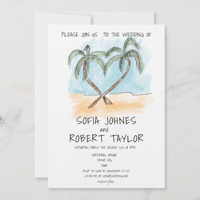 Strand Themed Aquarell Calligraphie Palm Tropic Einladung (Vorderseite)