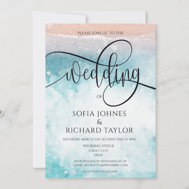 Strand Themed Aquarell Calligraphy Ocean Tropic Einladung (Vorderseite)