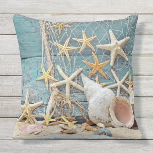 Strand-Themed Tritonshorn-Muschel, Starfish u. Kissen Für Draußen