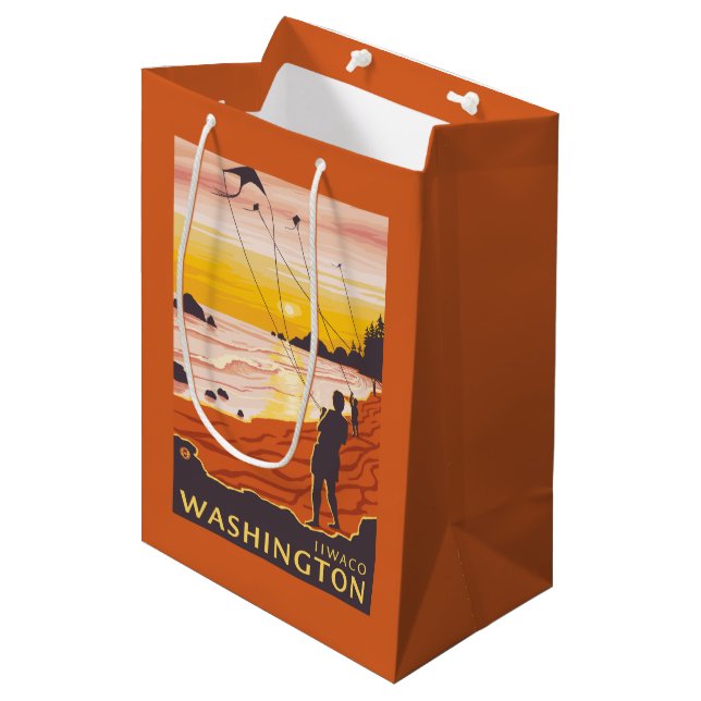 Strand u. Drachen - Ilwaco, Washington Mittlere Geschenktüte (Vorderseite Schrägansicht)