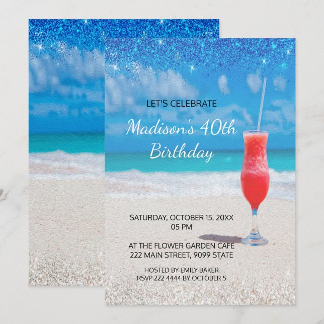 Strand und Cocktail zum Geburtstag Einladung (Vorne/Hinten)