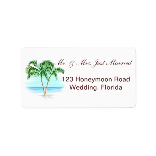 Strand und Palmen Hochzeiten Adressaufkleber (Vorne)