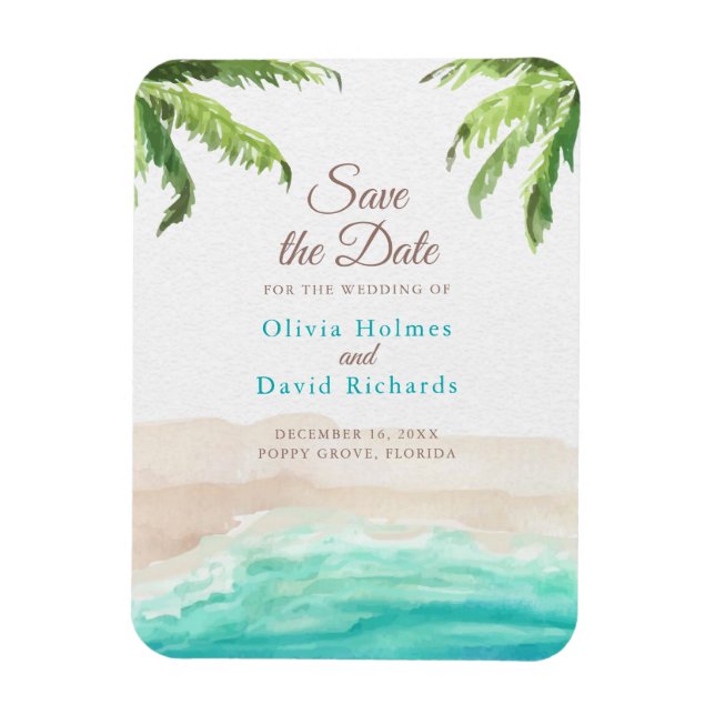 Strand und Palmen mit Aquarellfarben Save the Date Magnet (Vertikal)